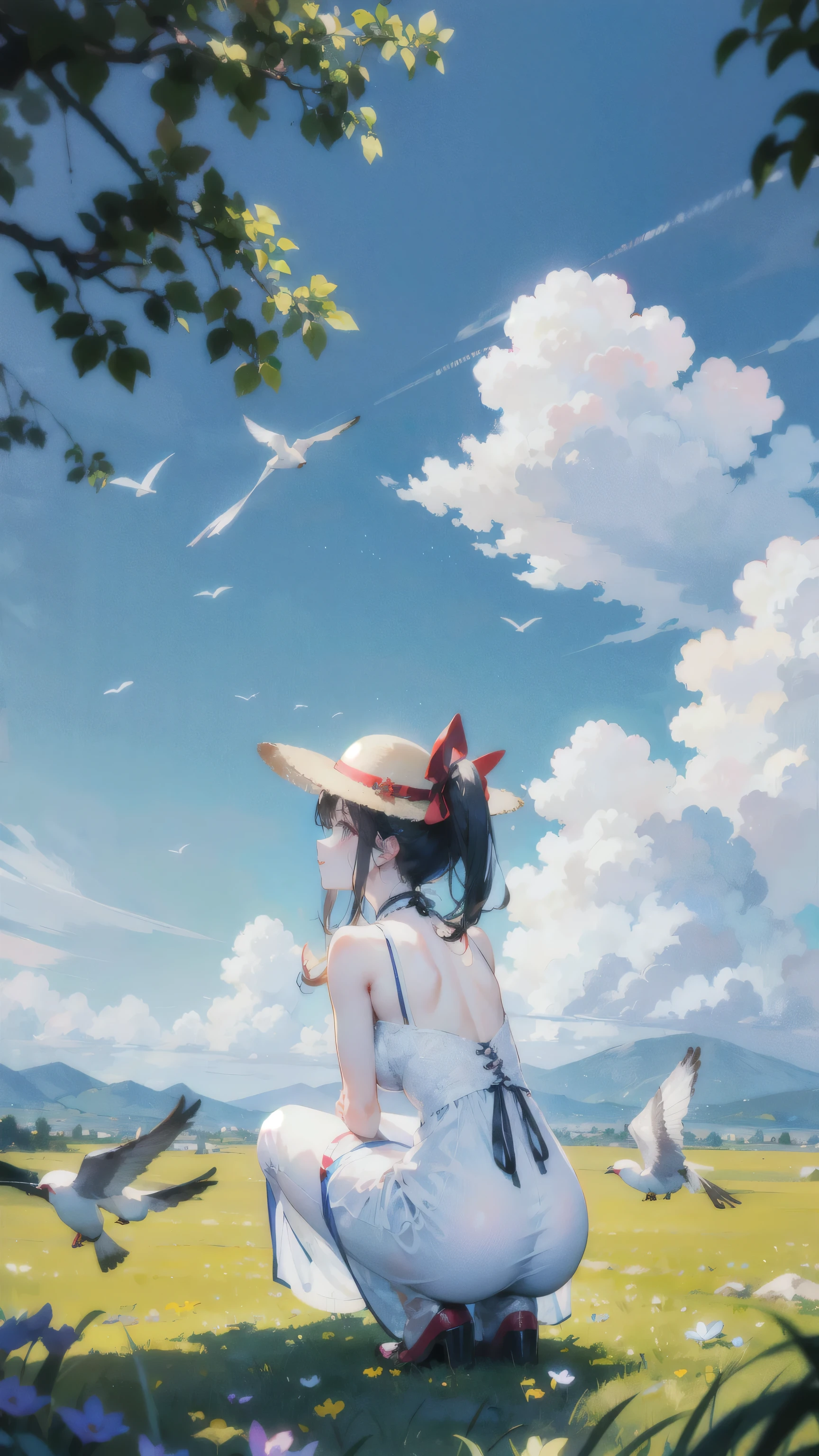 (Film portrait photoy,photo,Beautiful two-dimensional wallpapers)(Soft professional lighting,35mm film,Photograph distant scenery:1.3)(15 year old cute back view:1.6,Wearing a long white dress blown by the wind,Smile,small red lips:1.4,Wearing a bow tie and sun hat:1.4,French bangs:1.4,Cute curly hair:1.2,Squatting beside the flowers and looking back:1.6)(A group of flying swallows:1.5,white clouds and blue sky:1.3,The picture is very neat :1.5)