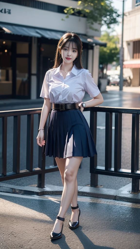 highest resolution, 8K, high definition, (((ผมlong))), Thai Students, Half Thai, half Japanese, half Korean., Age 18-25 years, Height 173 centimeters, (((stand, walk))), Beautiful face, แต่งBeautiful face, Double eyelids, red lips, smile at the corner of the mouth, beautiful eyes, Beautiful Woman, The texture is realistic., ((Slim white short-sleeved shirt, collar shirt)), Name embroidered in blue letters on the chest., ((big pleated skirt, dark blue, long, Close your legs completely.)), ((Navy blue skirt, พร้อมbeltผู้หญิง)), ((Huge breasts, Breast augmentation)), ((Symmetrical shape, sexy figure)), ((Thin, slim, small waist)), ((Black court shoes, Put on a watch, belt)), (((full body, Look at every part of the body.))), background, balcony in front of building, building, buildingเรียน