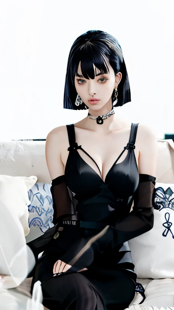 a close up of a woman in a black dress sitting on a couch, anime girl wearing a black dress, aeon flux style, style is a blend of æon flux, style mix of æon flux, she has black hair with bangs, nico robin, inspired by Kusumi Morikage, female anime character, in a mixed style of æon flux