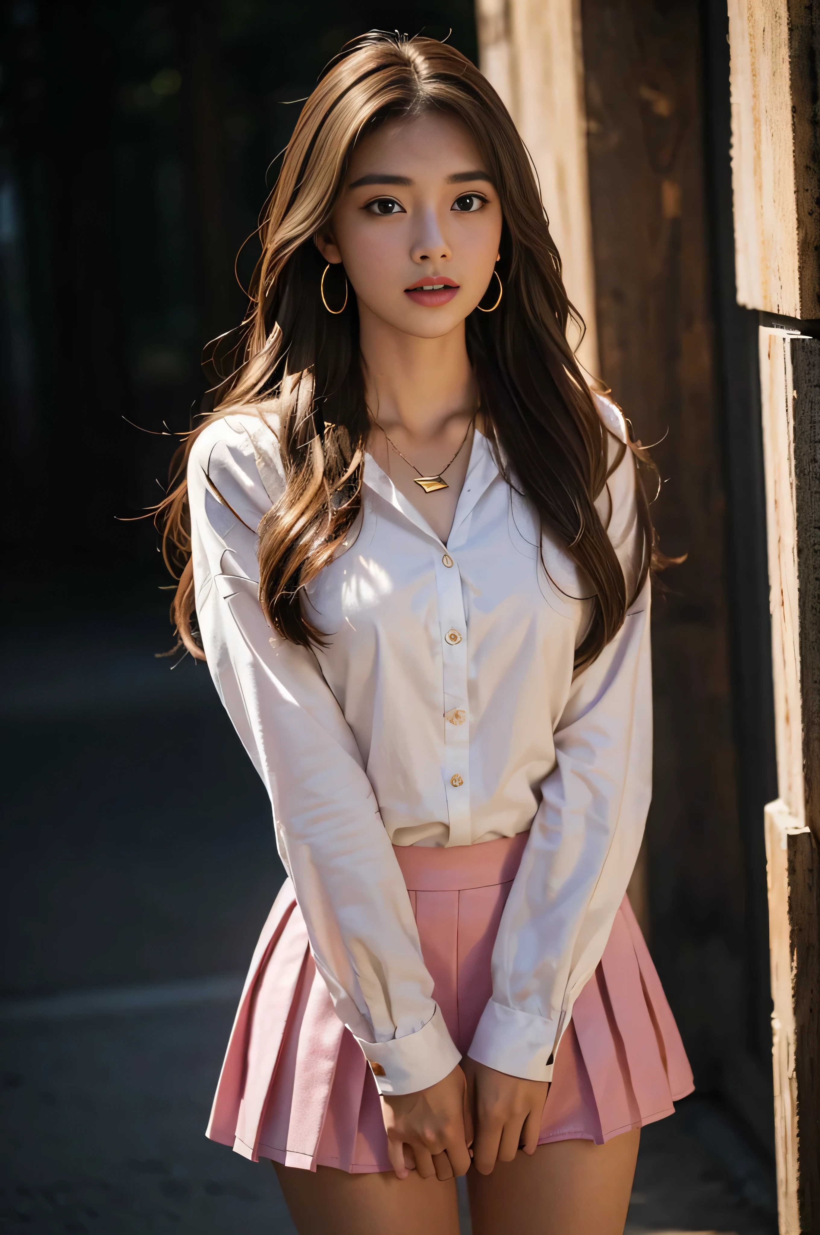 ((beautiful girl:1.3))((Super long brown hair:1.4)),(((loosely wavy hair:1.3)), ((He opens his mouth and pronounces ah.:1.3)),((spreading both hands wide_legs tightly closed:1.3))((gold necklace_big earrings:1.2)),((university student:1.3)),((Pink pleated mini skirt:1.3)),((pink long sleeve button shirt_with collar)),((On a college campus:1.3))((thin_fabric:1.4)) ((Are standing_Waiting for people:1.3)) (sweaty:1.5))((face flushed:1.4)) ((medium breasts:1.4)) ((Close-up:1.2)) highest quality、masterpiece、ultra high resolution、(photorealistic:1.4)、Raw photo、(real skin texture:1.3)、(film grain:1.3)、panorama、character portrait、very wide shot、narrow waist、cowboy shot、(in the dark、deep shadow、moderate、in the cold light、)night、(())、flowing tears、dust、Tyndall effect、(expression),1girl,beautiful detailed eyes and face,white jabot,brown eyes,((brown hair:1.2)) ((whole body:1.3))