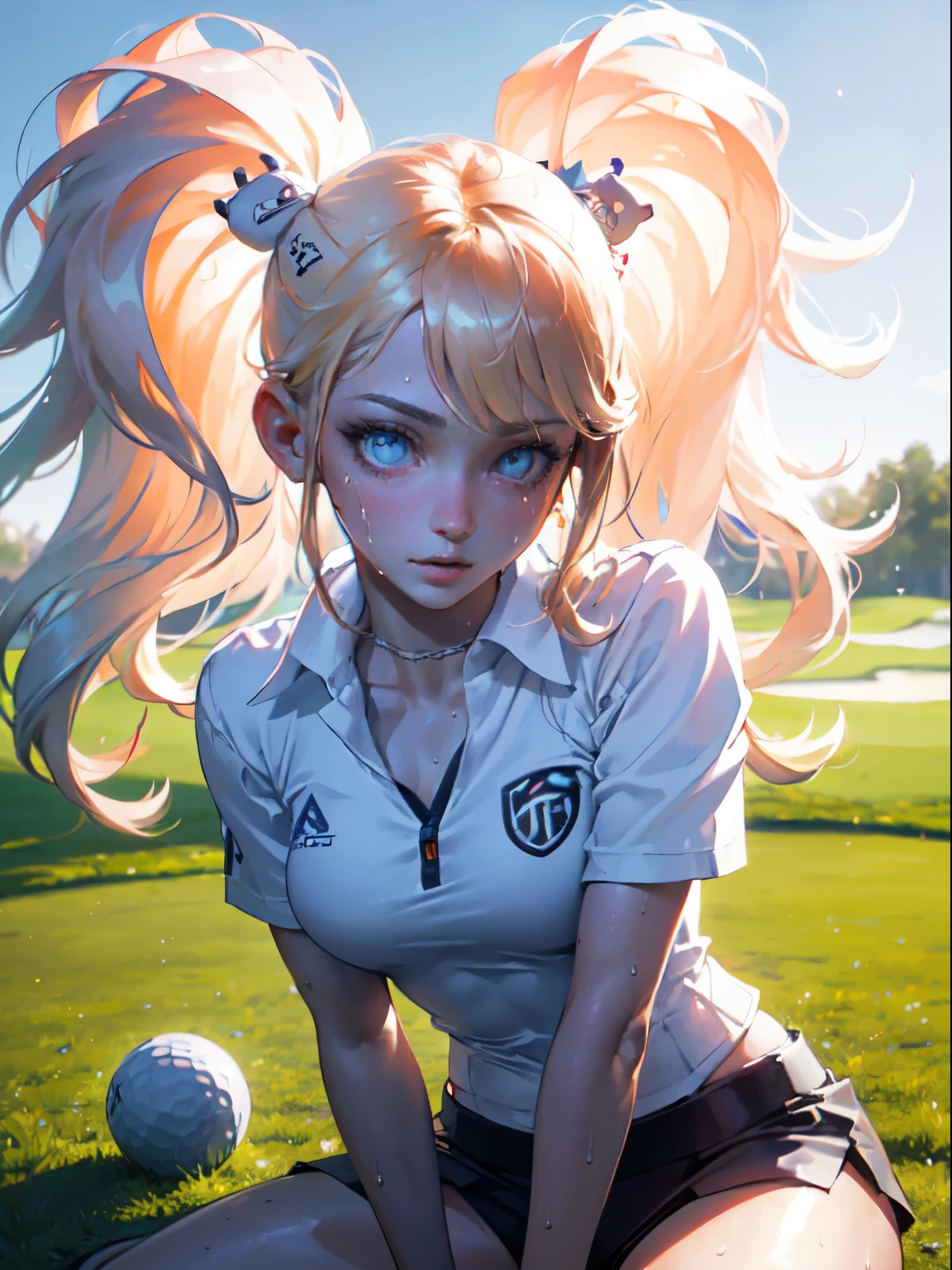 Best Quality, masutepiece, High resolution, (Photorealistic:1.4), Raw photo, 1 beautiful girl ,Women's golf player, small head,Large breasts,Training Abs,nice legs, Glowing skin, Sweat,In the field of golf,(Detailed beautiful face:1.4),detailed skins,Detailed eyes,detailed hairs,Cool,Beautiful,
