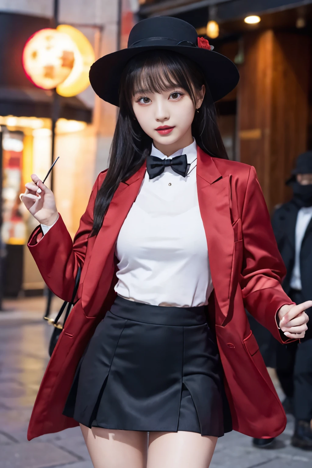 magician idol、silk hat、、Tailcoat jacket、、whole body、red magician costume、tight mini skirt、