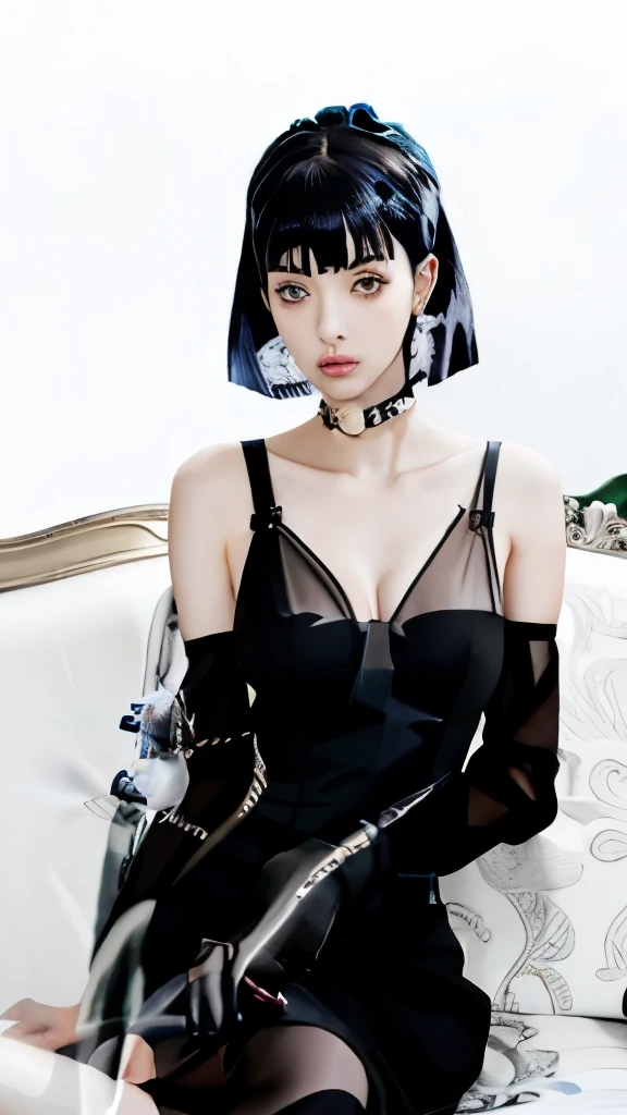 a close up of a woman in a black dress sitting on a couch, anime girl wearing a black dress, aeon flux style, style is a blend of æon flux, style mix of æon flux, she has black hair with bangs, nico robin, inspired by Kusumi Morikage, female anime character, in a mixed style of æon flux