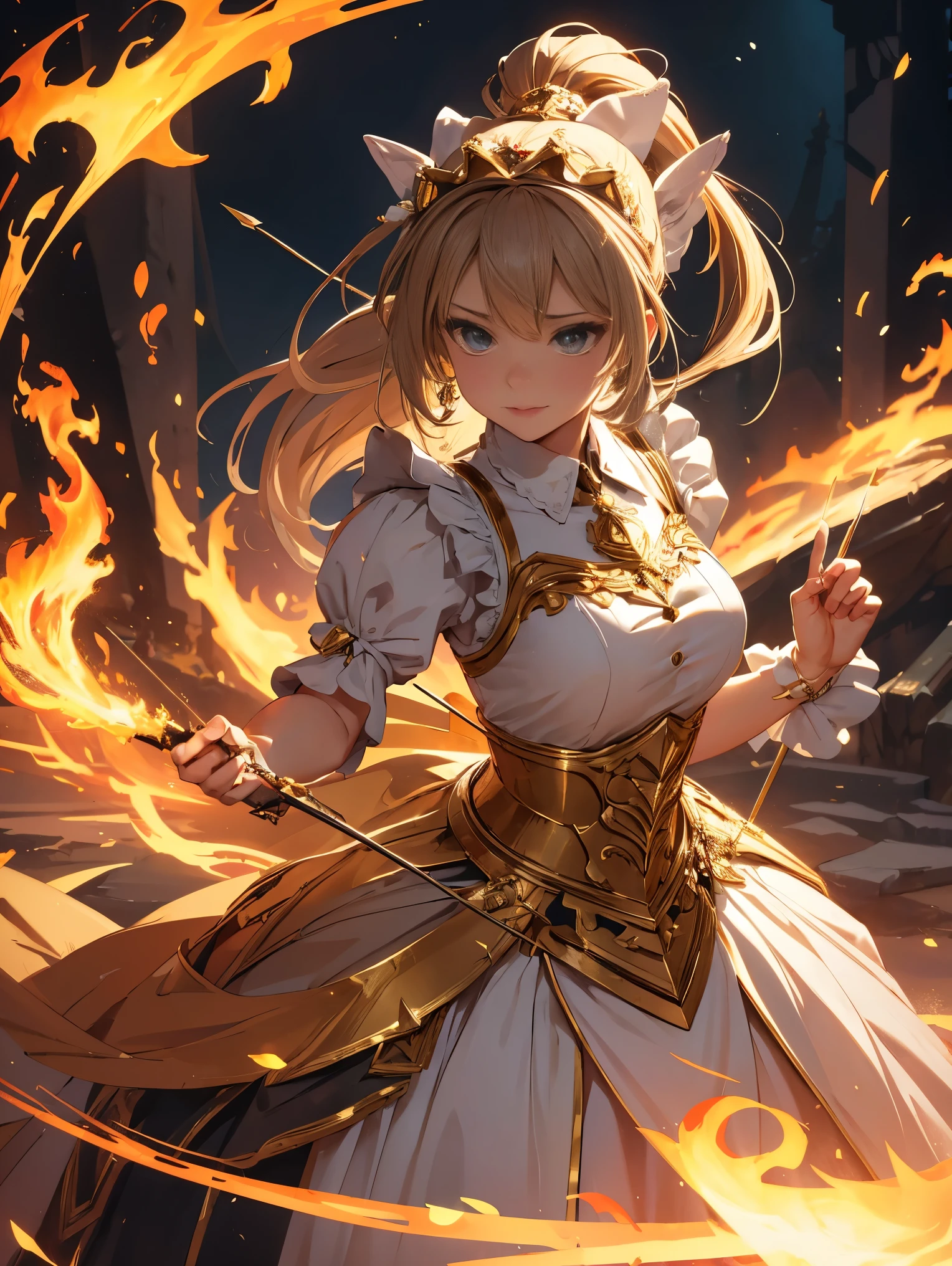 ((masterpiece, highest quality)), detailed face, character design sheet， full body esbian, Full of details, Multiple poses and expressions, very detailed, depth, many parts，Beautiful maid，Armed with bows and arrows，gold，double ponytail，fantasy style，Surrounded by flames，very beautiful，High Balance, Natural light, race，raceパンスト，Star decoration