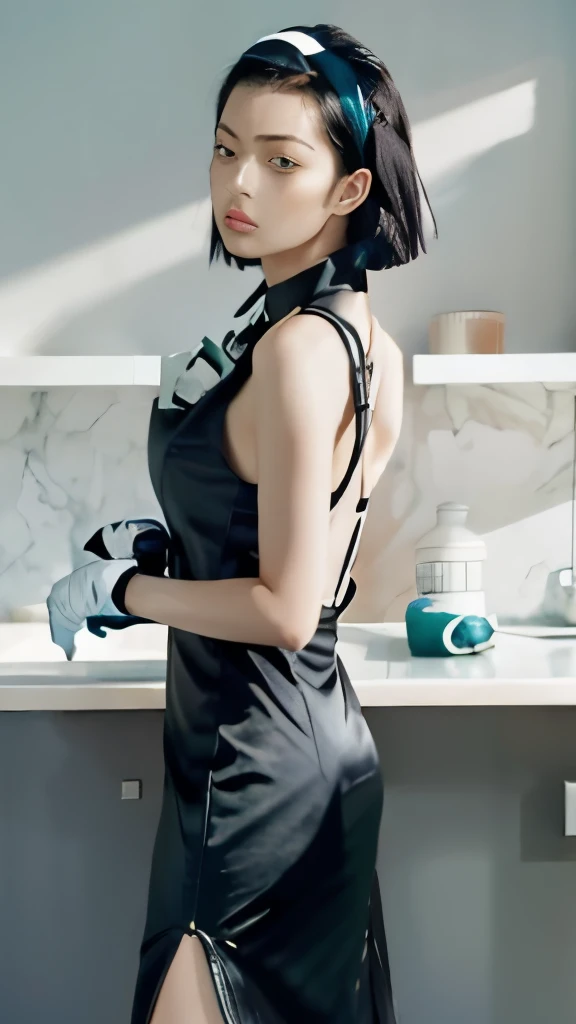 a close up of a woman in a dress and gloves, aeon flux style, style mix of æon flux, fubuki, style is a blend of æon flux, tatsumaki from one punch man, in a mixed style of æon flux, aeon flux, motoko kusanagi, anime girl wearing a black dress, tatsumaki