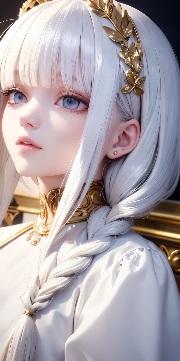 best quality, masterpiece,white hair, gold eyes,white clothes, looking up, upper body,hair strand,Fair skin,side braids