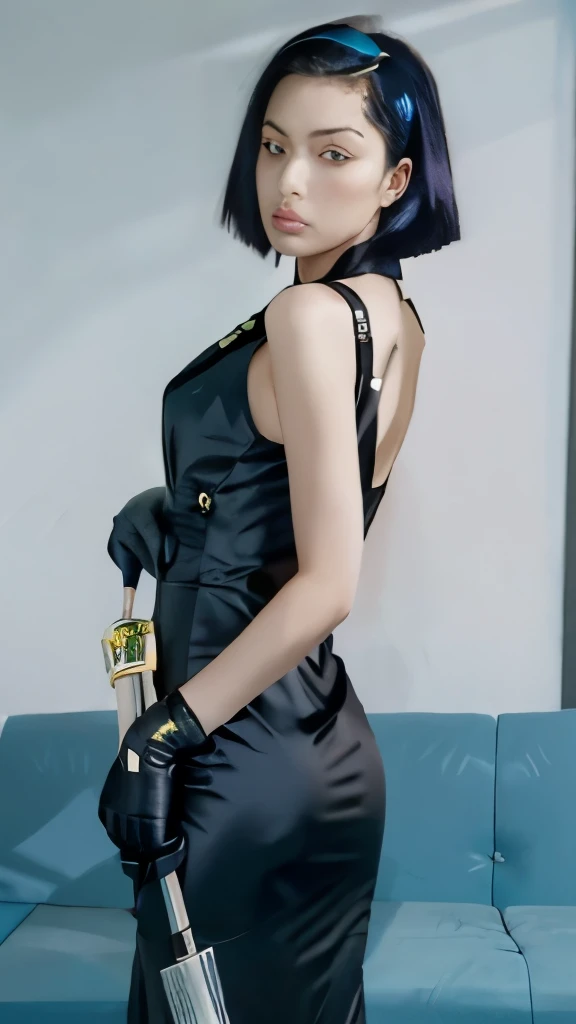 a close up of a woman in a dress and gloves, aeon flux style, style mix of æon flux, fubuki, style is a blend of æon flux, tatsumaki from one punch man, in a mixed style of æon flux, aeon flux, motoko kusanagi, anime girl wearing a black dress, tatsumaki