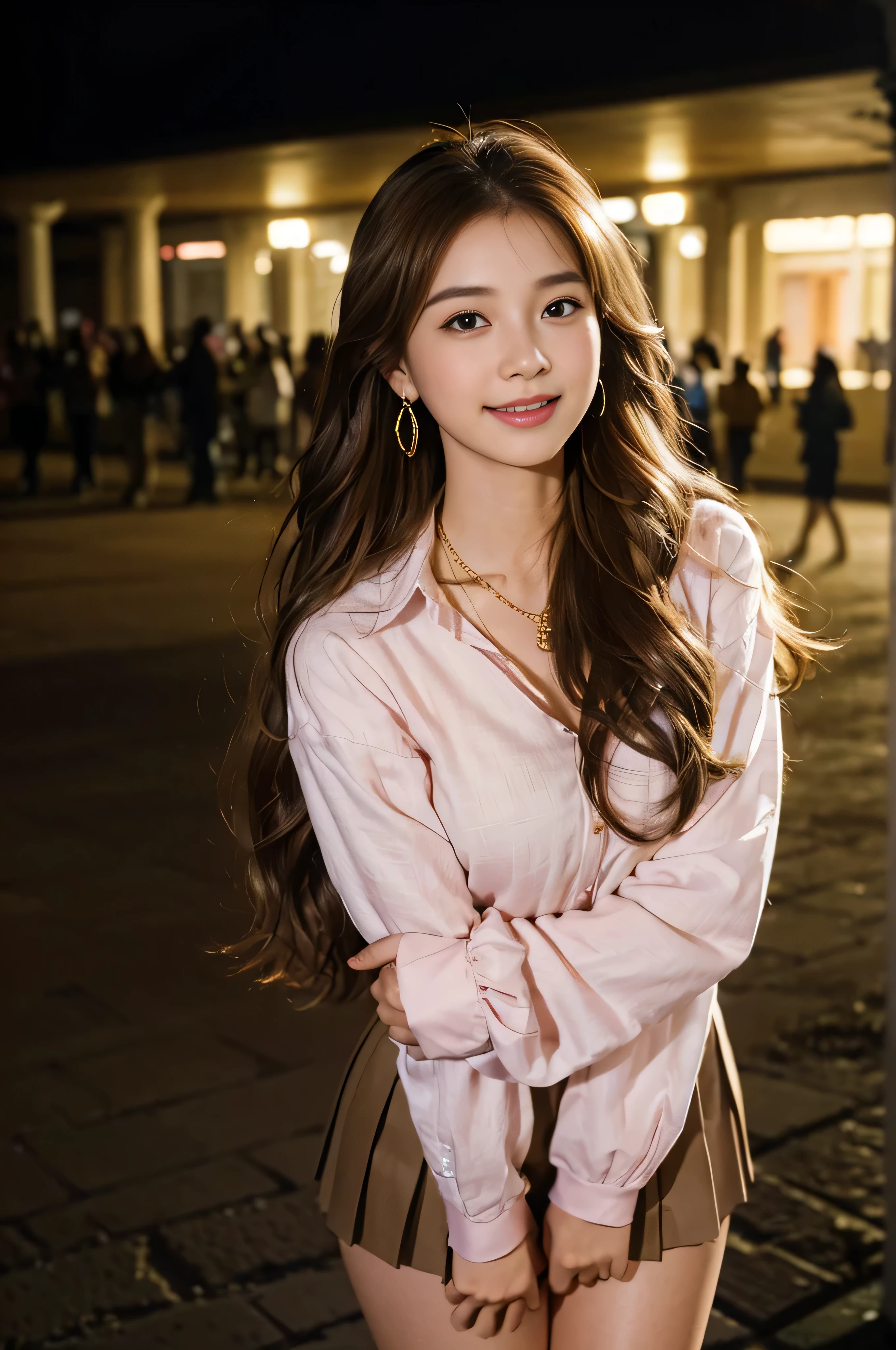 ((beautiful girl:1.3))((Super long brown hair:1.4)),(((loosely wavy hair:1.3)), ((She smiles and comes over to hug me.:1.3)),((spreading both hands wide_legs tightly closed:1.3))((gold necklace_big earrings:1.2)),((university student:1.3)),((Pink pleated mini skirt:1.3)),((pink long sleeve button shirt_with collar)),((On a college campus:1.3))((thin_fabric:1.4)) ((Are standing_Waiting for people:1.3)) (sweaty:1.5))((face flushed:1.4)) ((medium breasts:1.4)) ((Close-up:1.2)) highest quality、masterpiece、ultra high resolution、(photorealistic:1.4)、Raw photo、(real skin texture:1.3)、(film grain:1.3)、panorama、character portrait、very wide shot、narrow waist、cowboy shot、(in the dark、deep shadow、moderate、in the cold light、)night、(())、flowing tears、dust、Tyndall effect、(expression),1girl,beautiful detailed eyes and face,white jabot,brown eyes,((brown hair:1.2)) ((whole body:1.3))