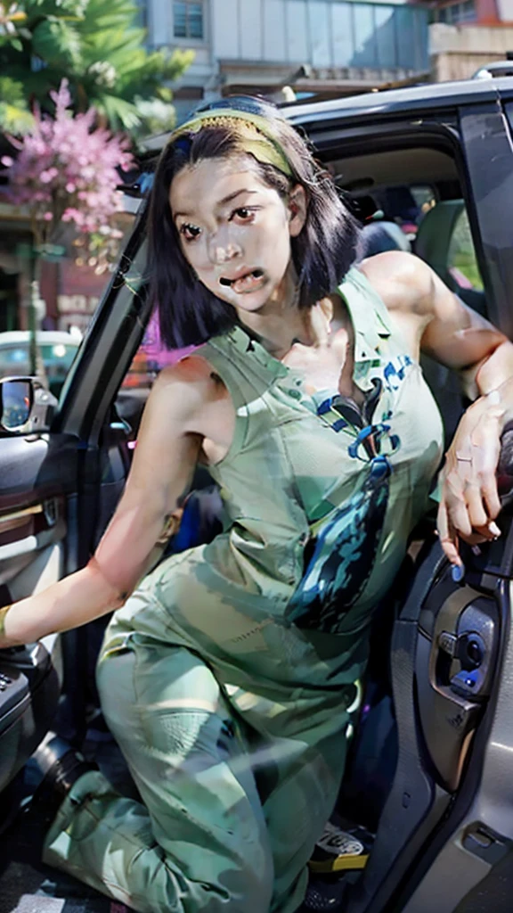 anime girl in green dress sitting in car with open door, tatsumaki from one punch man, rei hiroe black lagoon manga, fubuki, style is a blend of æon flux, black lagoon manga, anime visual of a young woman, tatsumaki, tsubasa nakai's style, black lagoon, style mix of æon flux