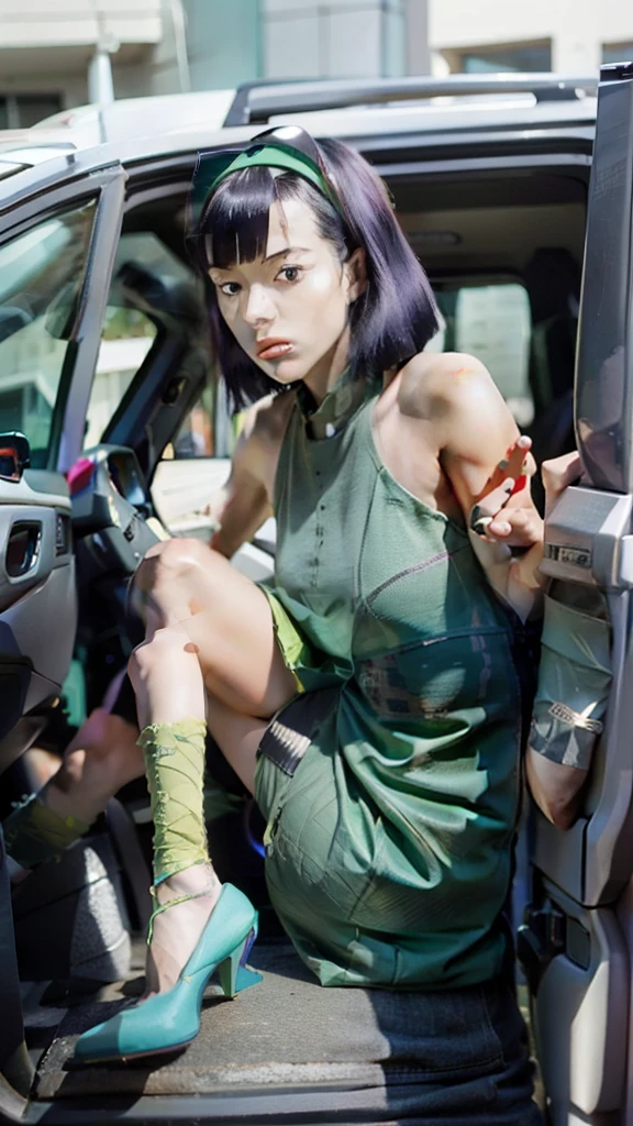 anime girl in green dress sitting in car with open door, tatsumaki from one punch man, rei hiroe black lagoon manga, fubuki, style is a blend of æon flux, black lagoon manga, anime visual of a young woman, tatsumaki, tsubasa nakai's style, black lagoon, style mix of æon flux