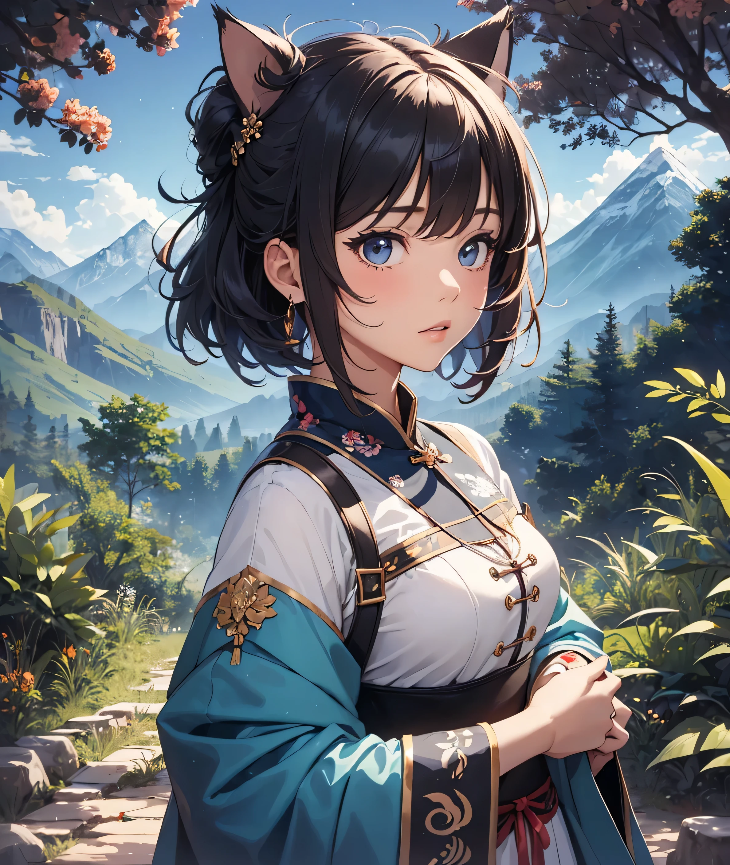 아름다운 디테일 girl, Clear and beautiful character, glowing skin, girl, female, youth, 20 years old,short hair, Traditional Chinese clothing in white and orange, Neat, non-revealing attire, black eye, Moderate breasts, black eye, Full-fledged skin texture, Very nice 8KCG wallpaper, female warrior, Indigo hair, Cat's ears, (((dark, dark 밤, deep night))) ((Sky blue: Dark blue)) (((Natural background, mountain, tree))), soft expression,