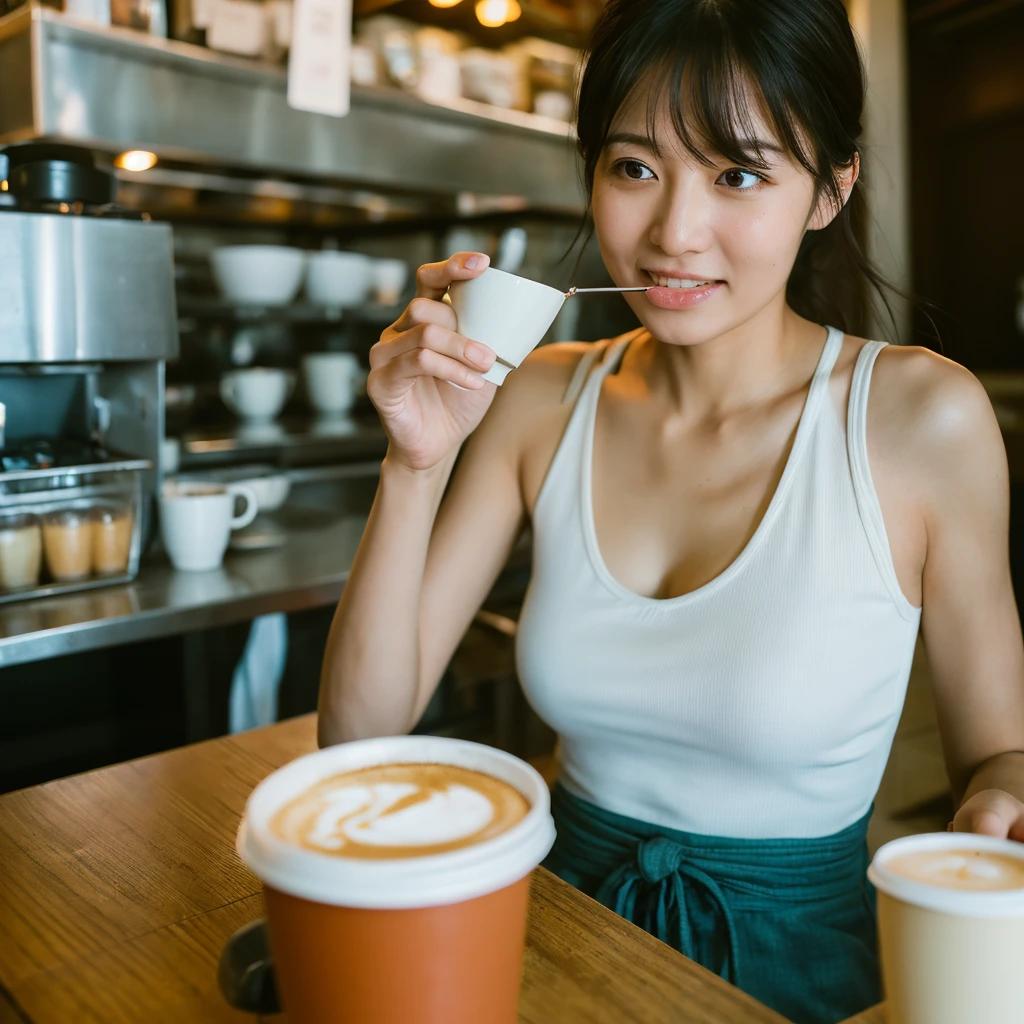 Realisticな,(master piece, high quality:1.2) ,Realistic, one perfect woman、RAW photography, wide wide shot, ( Hand Sign), verbal invitation, she keeps her mouth open, (just enough to make ends meet), drink coffee、I&#39;m at the cafe、Tank top
