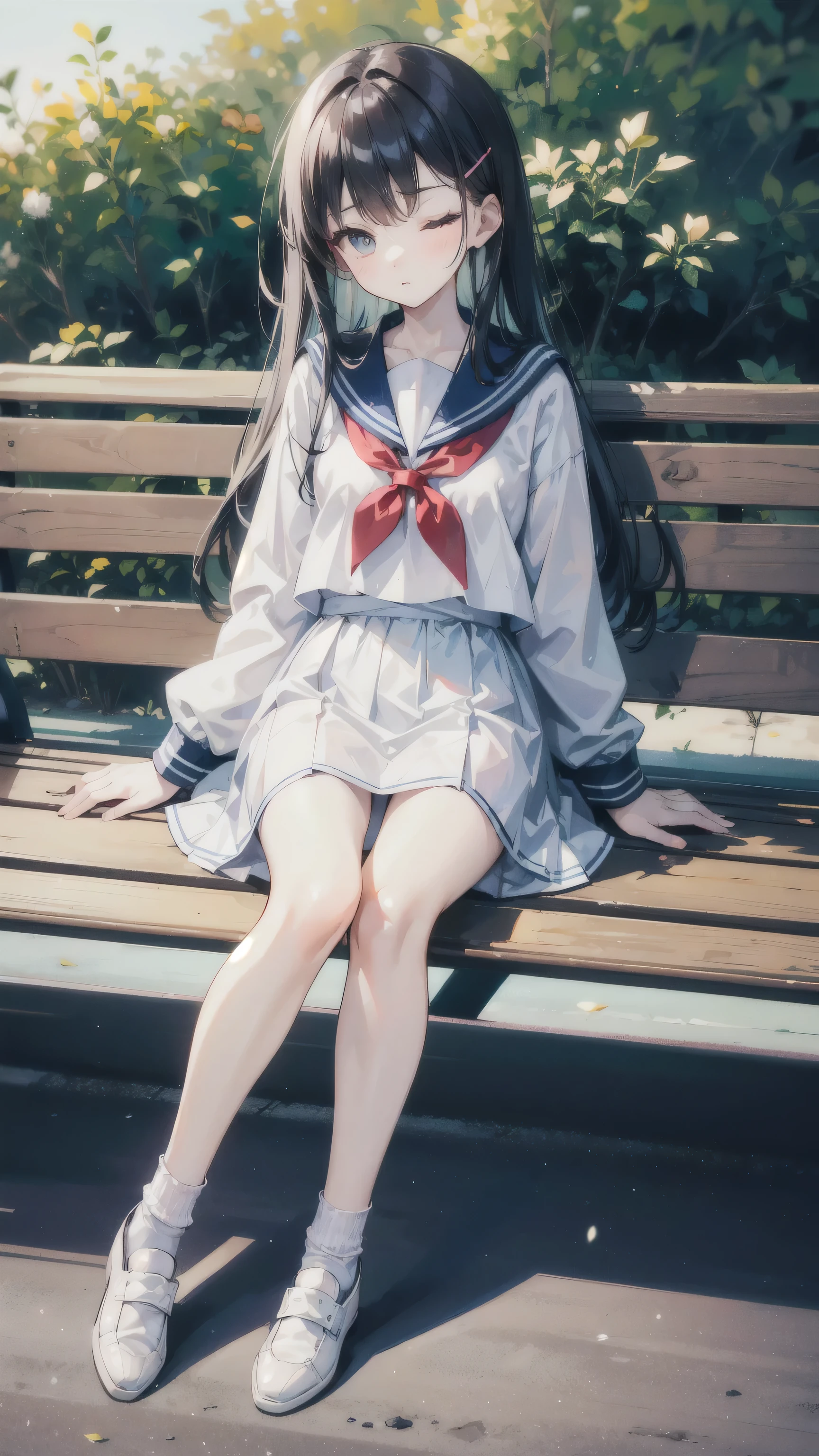 (Film portrait photography,Full body image,Beautiful two-dimensional wallpapers)(Soft professional lighting,35mm film,Photograph distant scenery:1.3,Tyndall effect:1.2)(15 year old cute :1.6,In sailor suit:1.3,Exquisite waist-to-hip ratio:1.6,White and long legs:1.3,small red lips:1.4,Wearing cute hairpins:1.4,French bangs:1.4,long hair:1.2,Wear white socks:1.2,Sitting on a park bench and sleeping with eyes closed:1.2)(simple picture:1.6)