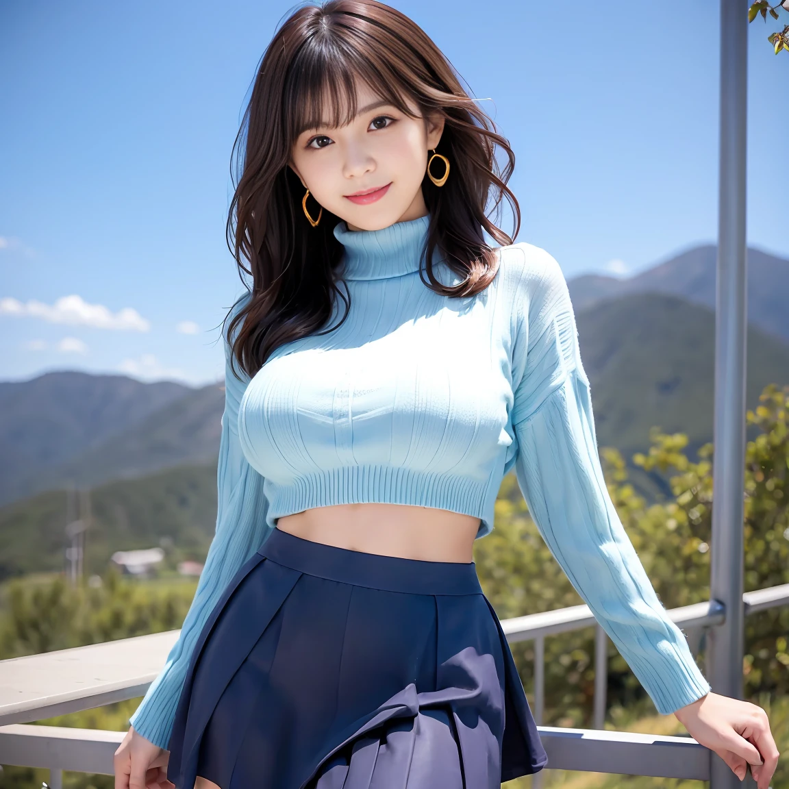 woman, 20-year-old, short black wavy hair、bangs、plump nipples、(white turtleneck knit)、(blue long skirt), black stockings、medium milk, cute smile、((Pose that emphasizes the buttocks、looked back))、sexy hips、black high heels、big necklace、((((the wind blew my skirt, expose my panties...))))、(light blue lace panties)、cute earrings、(tilt your head a little)
