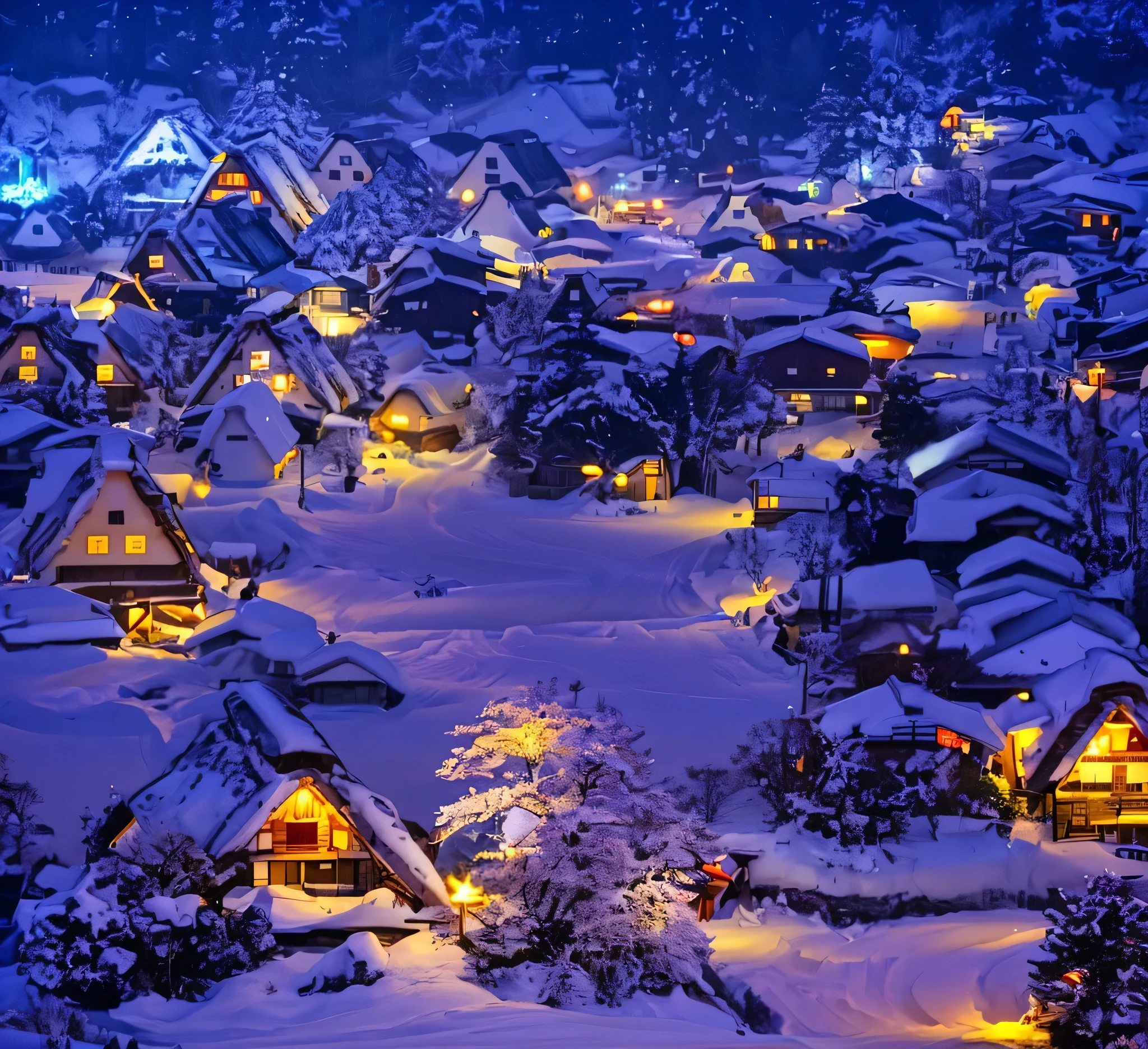 A view of a village with a lot of snow on the ground, japanese village, magical village, japanese town, inspired by Kaii Higashiyama, winter setting, japan at night, !!beautiful!!, covered in snow冬, snowy night, japanese countryside町, breathtaking, thatched roofs, covered in snow, Snow glow, japanese countryside, stunning sight