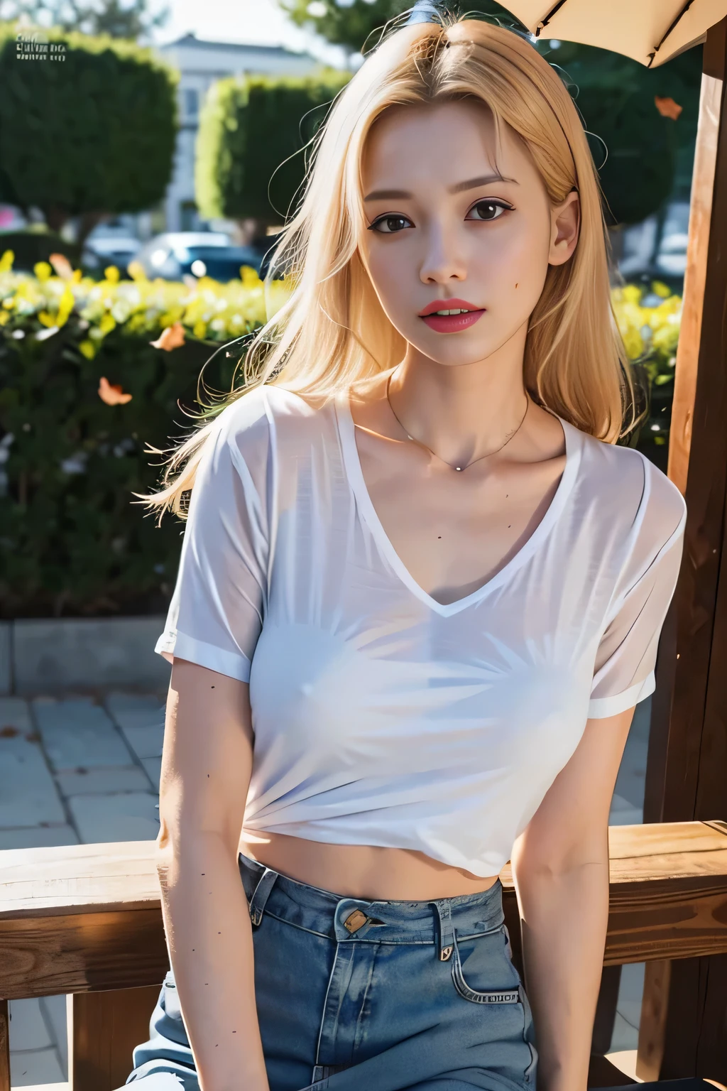 excellent anatomy, table top, highest quality, 4K, 8K, professional photography, soft light, sharp focus, popular garden, 1 girl, evening,Hands-on Shopping Bag,A breeze blows through,Fallen leaves,blonde hair, shirt, long skirt,flipflops,blonde hair, Bank spin-offs, detailed face+brown eyes, is playing happily,a little drunk,face turns red,Tsundere, beauty mole,lipstick, necklace, big breasts,