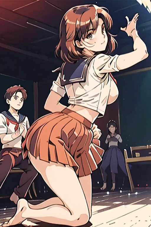 Idol,With a round face,A smile that makes people happy,Classroom desk in background,And windows,(((Intense dance motion:1.3))),(Big rhythmic dance with outstretched hands:1.3),(((Dance that emphasizes breasts:1.3))),(Stand up and raise one knee:1.3),Add a motion blur effect to simulate motion,(Dynamic and sexy dance poses),(leaning forward:1.3),((( sailor suit))),big and full breasts,Disturbance of clothing due to movement,(Dark blue ruffled skirt floating with dance moves:1.3),red ribbon,short wavy hair with shiny silver and orange stripes,messy hair,floating hair,look at the viewer,(professional lighting),(In 8K,table top,highest quality,Ultra high resolution output image,),(intricate details,),(From Image Mode to Ultra HD),beautiful hands,beautiful fingers,Detailed functions of fingers,Detailed clothing characteristics,Detailed characteristics of hair,detailed facial features,(((A boy is massaging her breasts from behind)))、