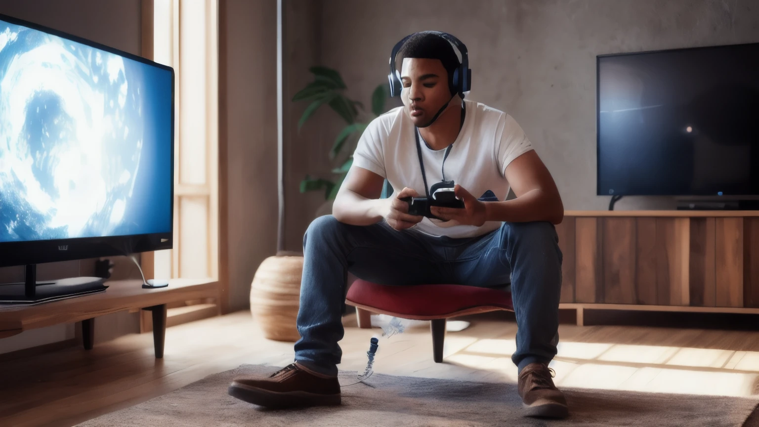 hyper ultra realistic photographs full body of Picture a dimly lit room, illuminated only by the vibrant glow of a gaming monitor. A young Afro man, headphones clamped over his ears, fingers flying across the controller, is immersed in an intense online battle. His eyes are narrowed in focus, his face a mix of determination and excitement as he navigates the virtual world... ratio 16:9, 4k, 8k resolution, High quality photo, high detailed, imagesharp focus, Cinematic lighting,hyperdetailed & Unreal engine, detail, realism, photography,cinematography, camera NIKON, lens NIKKOR flagship, masterpiece. hyper-maximalism, ultradetailed photorealistic, light skin imperfections, final render, vray, photo, fashion