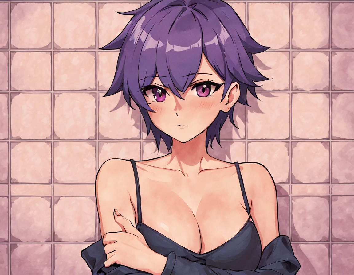 1girl, solo, breasts, blush, short hair, bangs, cleavage, medium breasts, closed mouth, collarbone, upper body, purple hair, nose blush, crossed arms, spiked hair, genderswap, covering, genderswap (mtf), covering breasts, tiles, retro artstyle tile wall