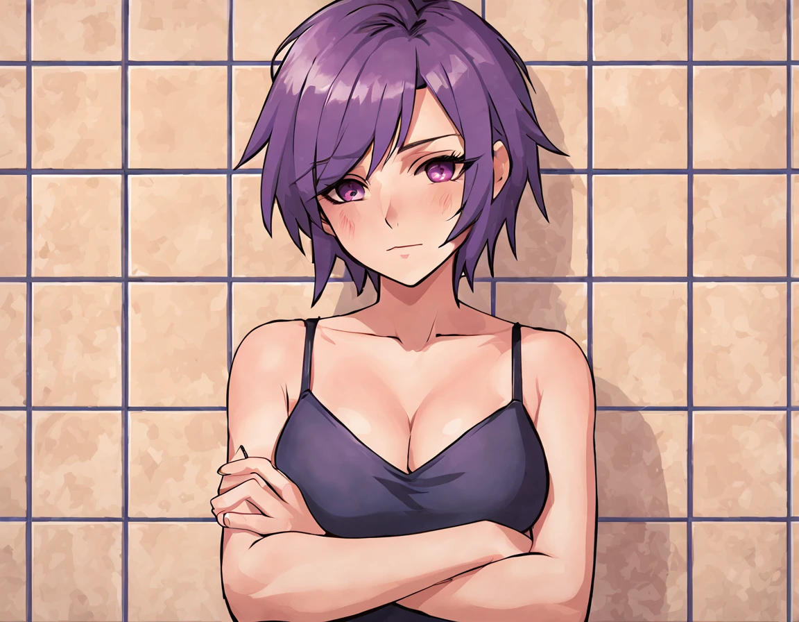 1girl, solo, breasts, blush, short hair, bangs, cleavage, medium breasts, closed mouth, collarbone, upper body, purple hair, nose blush, crossed arms, spiked hair, genderswap, covering, genderswap (mtf), covering breasts, tiles, retro artstyle tile wall