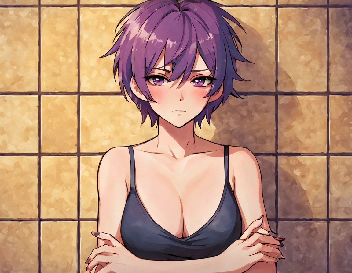 1girl, solo, breasts, blush, short hair, bangs, cleavage, medium breasts, closed mouth, collarbone, upper body, purple hair, nose blush, crossed arms, spiked hair, genderswap, covering, genderswap (mtf), covering breasts, tiles, retro artstyle tile wall