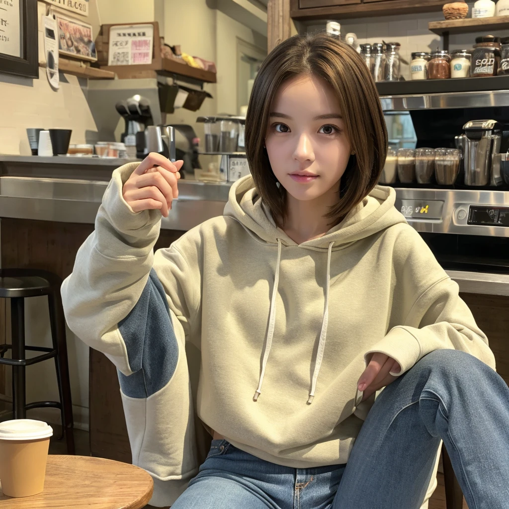 (realistic、High resolution:1.3)、Just one girl with a perfect figure、super thin face and eyes、short hair、hoodie:1 in random color.2、short jeans、at the cafe、coffee on the table