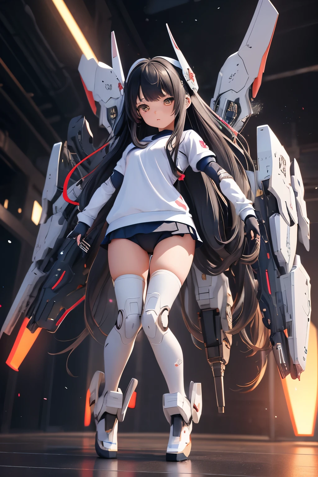 (highest quality)), ((masterpiece)), (very detailed: 1.3), 3D, {(1 young girl)}, (wear navy buruma and white gym uniform with colored hem under armor:1.3), (black hair:1.5), (She is fused with futuristic Gundam mecha:1.3), with headgear, with v-fin , armored shoulders,armored under arms, armored under legs, short sleeve, attached 2 huge weapons on back, legs mounted weapon module, camel toe,  multilayer textureperfect proportions, octane rendering, duotone lighting, Low ISO, wide aperture, White balance, Rule of thirds, ultra HD16k, HDR (High Dynamic Range), Ray Tracing, NVIDIA RTX, Super Resolution, Subsurface Scattering, PBR Texturing, Post Processing, Anisotropic Filtering, Depth of Field, Maximum Clarity and Clarity, High efficiency subpixel, subpixel convolution, particles of light, light scattered, Tyndall effect, full body:1.5, (face-off sex position:1,1, open legs), , cute, (cute:1.2), (long hair:1.3),太い眉毛, 薄い色の虹彩, 大きくて輝いている黒い瞳, 長いまつげ, 小さく薄い色の自然な唇, (Average face of Japanese idols), (日本人特有の童顔:1.3), (), 広いおでこ:1.2, ふっくらした頬, 小さな顎, in the hangar,looking at viewer,Focus on the eyes , (完璧な4本の指, 親指1本),