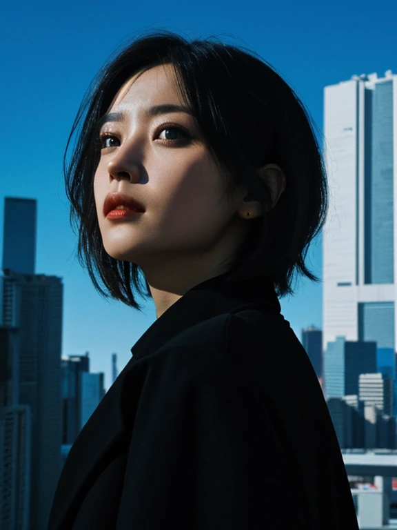 (highres, best quality:1.2), 1girl, short hair, black hair, brown eyes, cyberpunk, android, city, blue sky, science fiction, dynamic view, ((photo)), 8k