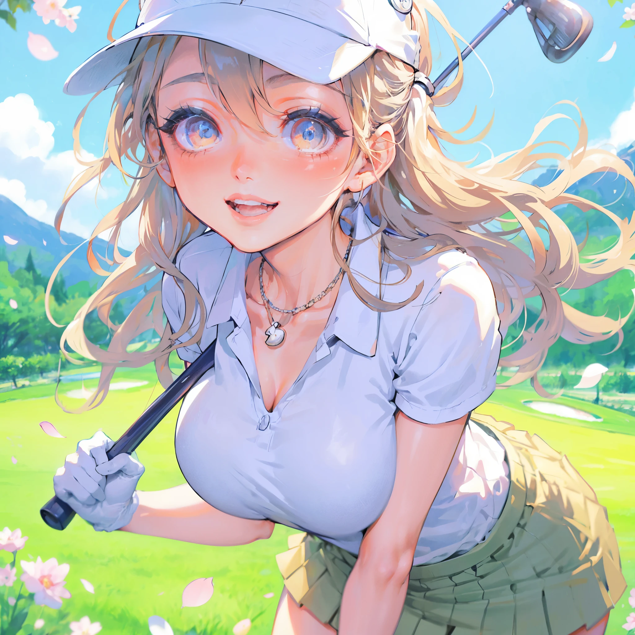 enoshima junko (Best Quality, masutepiece),ultra detailed photographic,1girl in, Female Golfer,Skirt,Large breasts,nice legs,At the golf venue,Detailed beautiful face,Beautiful eyes,detailed hairs,detailed  clothes,Detailed realistic skin,Pretty,Smile,Dynamic Angle,