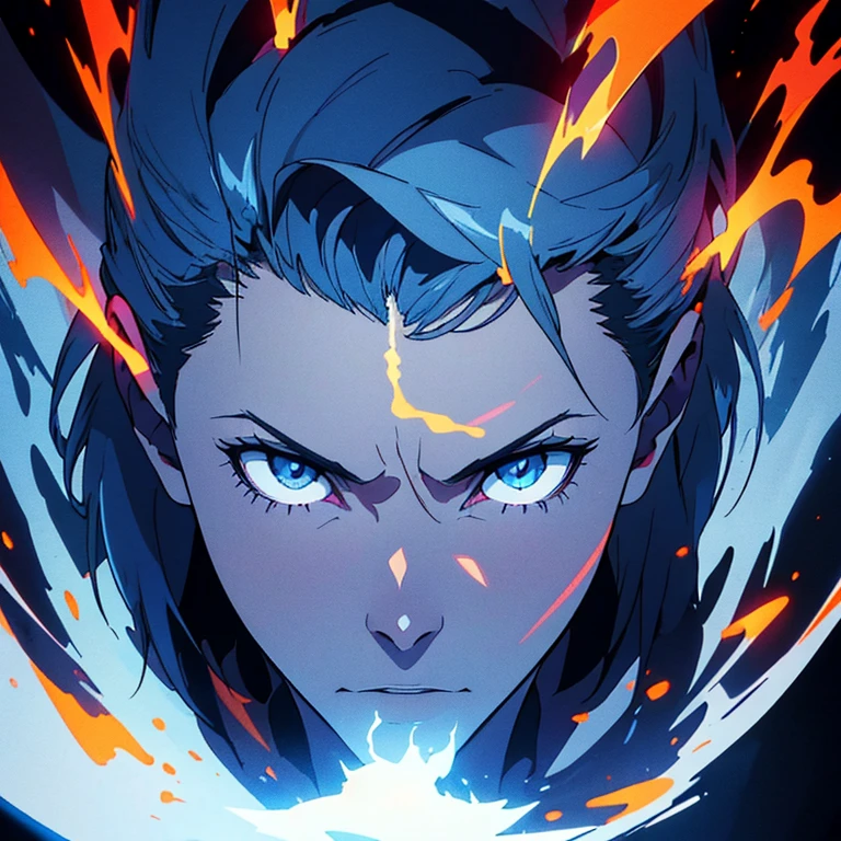 ((super fine illustration, 8K, masterpiece :1.2, sharp focus :1.2, Depth of bounds written:1.2)), It's like a movie,fantasy absurdity, Highly detailed face and skin texture,Professional, symmetry, (fine eyes, Iris of the eye:0.5) silver hair, jet black, Divine Flame, Engulfed in flames,mysterious flame,flame floating in a dark place,Creates a mysterious atmosphere,A thin mist gathers around the flames.、Gives off an eerie atmosphere,visual depiction, Determination to overcome grief, A sign of determination in the eyes , Strong soul,perfect composition,trending,