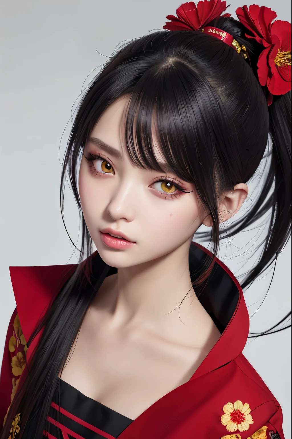 beni, yellow_pupils, +_+, black_hair, high_ponytail, red_flower_hair_ornament, masterpiece, best quality, ultra-detailed, illustration, solo, 1girl