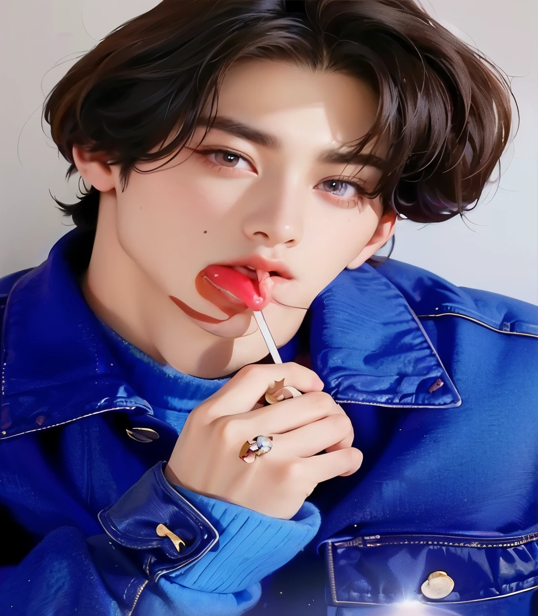 araffe with a red lip and a blue jacket holding a chupete, jungkook, Jimin\los labios carnosos, cai xukun, park Jimin, taehyung comiendo papas fritas gucci, hyung tae, TaeJune Kim, Jimin, bts, kim doyoung, foto de perfil, Jinyoung Shin, ❤🔥🍄🌪, chupete, Photoshoot, inspirado en Kun Can, bts jungkook, jungkook bts, jungkook, korean boy, korean face