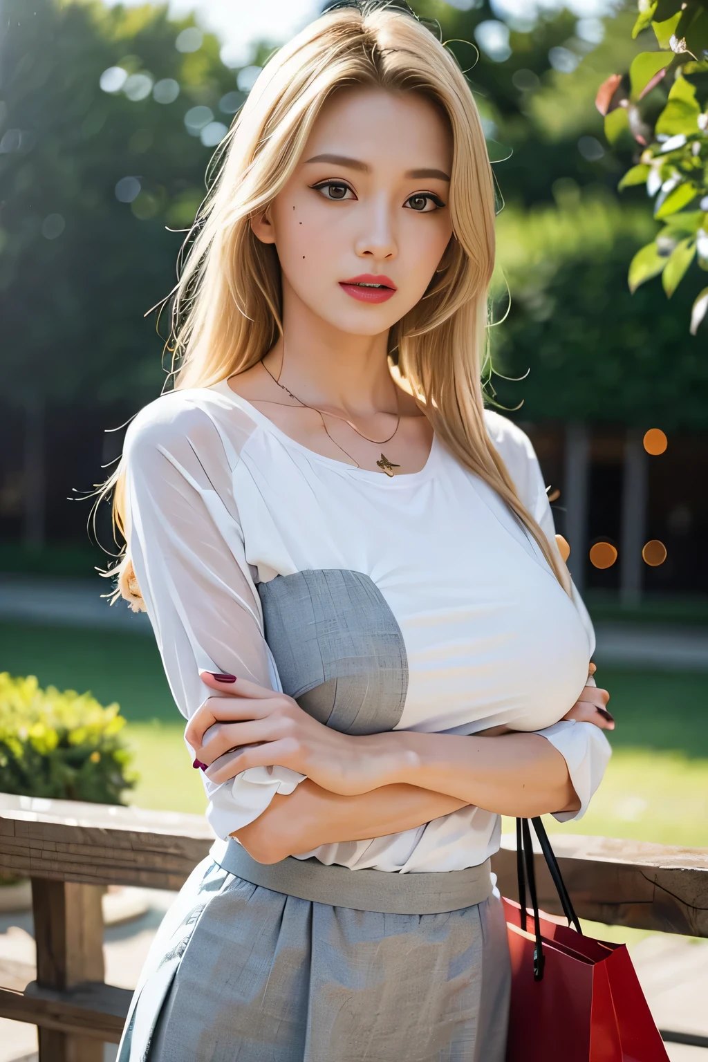 excellent anatomy, table top, highest quality, 4K, 8K, professional photography, soft light, sharp focus, popular garden, 1 girl,  evening，Hands-on Shopping Bag，A breeze blows through，Fallen leaves，blonde hair, shirt, long skirt，flipflops，blonde hair, Bank spin-offs, detailed face+brown eyes, is playing happily，a little drunk，face turns red，Tsundere, beauty mole，lipstick, necklace, big breasts，