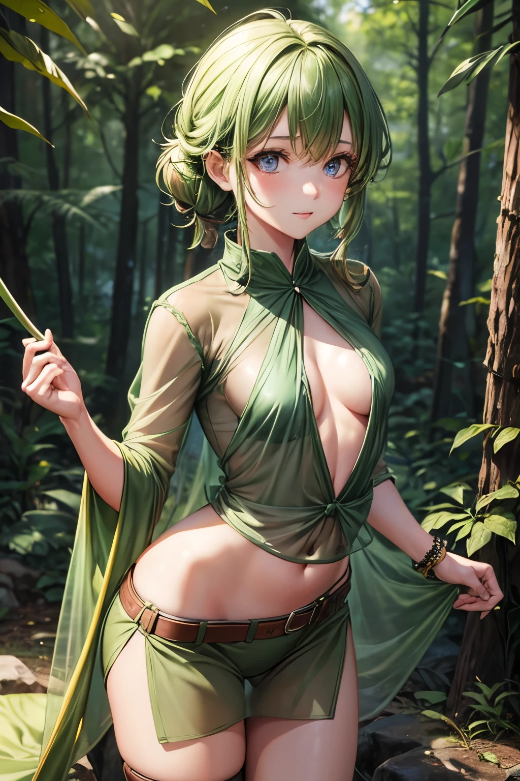 Sexy young looking girl. Shrouded in flowers. Anime style. Lots of green. NSFW