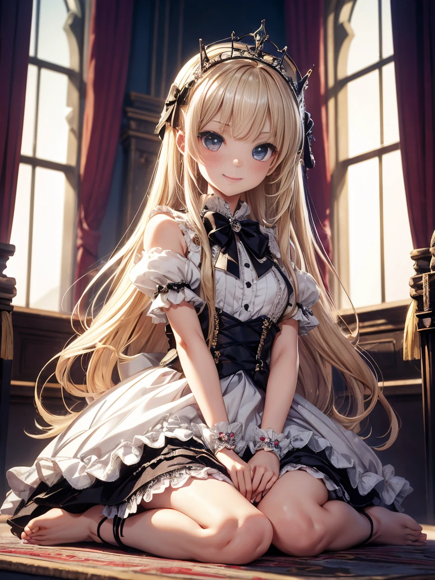 prompt: 8K resolution, delicate features, , single, unique pupil, arrogant, a teasing smile, blonde, princess cut, Bow hair ornament, brooch, mini crown, silver dress, lolita style, gothic style, barefoot, sitting, folded hands, facing the viewer, Otaku Room, Female imps