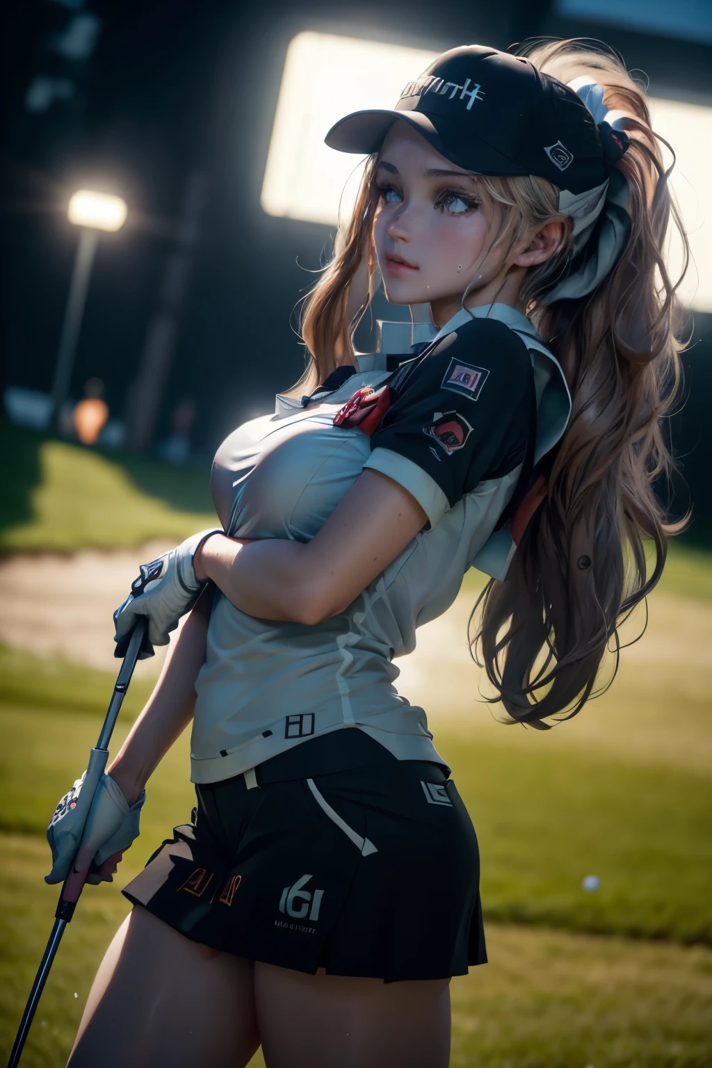 (Best Quality,8K,hight resolution,masuter piece:1.2),Ultra-detailed,Realistic:1.37,Portrait,Dynamic Angle,(Women's golf player ) ,Teenage girl,small head,Cute,Sporty,Charming face,Detailed beauty face,Very realistic skin,Wet skin,Sweat,Large breasts,Trained abs,nice legs ,Sporty,golf competition venues　,Cinematic lighting,