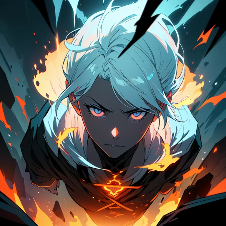 ((super fine illustration, 8K, masterpiece :1.2, sharp focus :1.2, Depth of bounds written:1.2)), It's like a movie,fantasy absurdity, Highly detailed face and skin texture，Professional, symmetry, (fine eyes, Iris of the eye:0.5) silver hair, jet black, Divine Flame, Engulfed in flames，mysterious flame，flame floating in a dark place，Creates a mysterious atmosphere，A thin mist gathers around the flames.、Gives off an eerie atmosphere，visual depiction， Determination to overcome grief, A sign of determination in the eyes , Strong soul，full body description，perfect composition，trending，