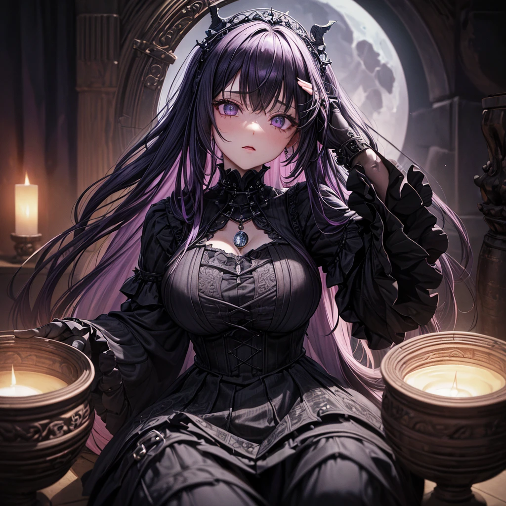 (Numerous award-winning masterpieces, with incredible detail, textures and maximum detail), detailed face, passionate expression, black dress, pink striped patterns, purple stilettos, purple hair, long hair, white skin, green eye, dangerous bright eyes, pantyhose, big chest, thick leg, sexy, fit, her belly is visible slim waist, Ruins of an old castle, royal crypt, (Witch's messy room with cauldrons and ancient artifacts), ((dark night, full moon night, New Moon Night)), perfect body, 

