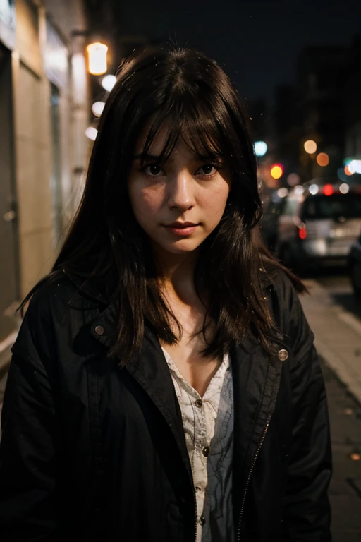 dark-haired girl on the street at poorly lit night