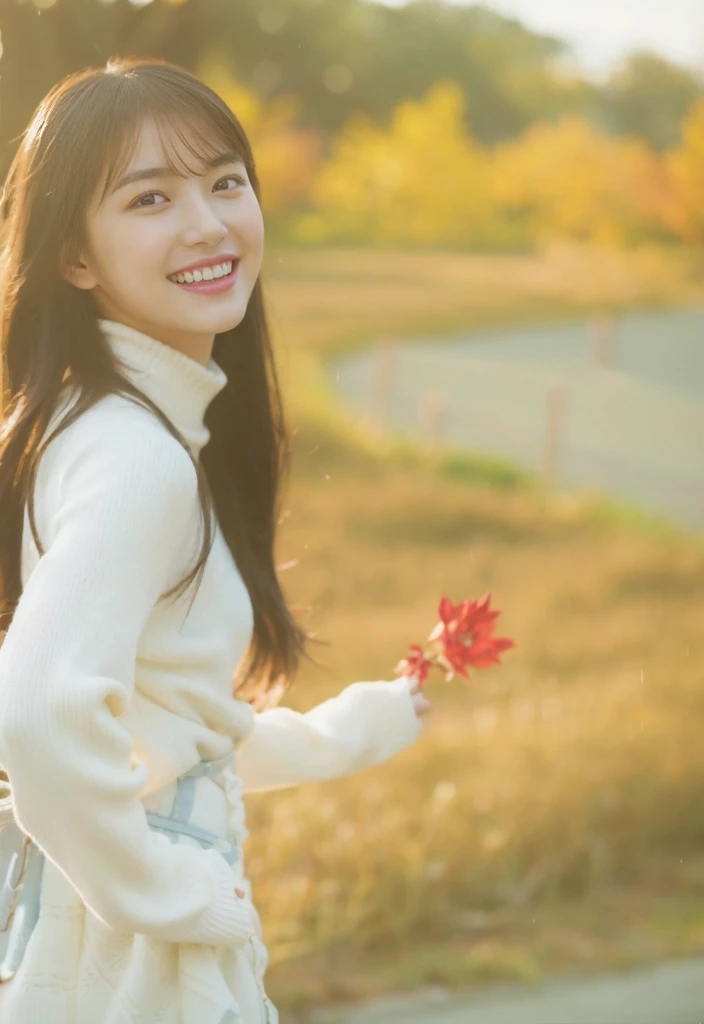 ((Masterpiece, Top image quality, high resolution、alone、shiny skin))(on the table, best quality, actual, super detailed, meticulous, high resolution, 8k wallpaper), Close-up portrait of a beautiful woman, Chariada, smiling, light brown messy hair, Perfect dynamic composition, 美丽meticulous的眼睛, Just like the cover of a fashion magazine, on campus