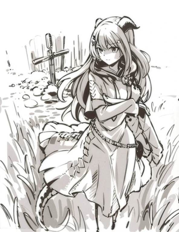 Image of a girl in armor and dragon horns walking across a field,holo is a dragon girl,rias gremory,black and white manga style,pencil and ink manga,in manga style