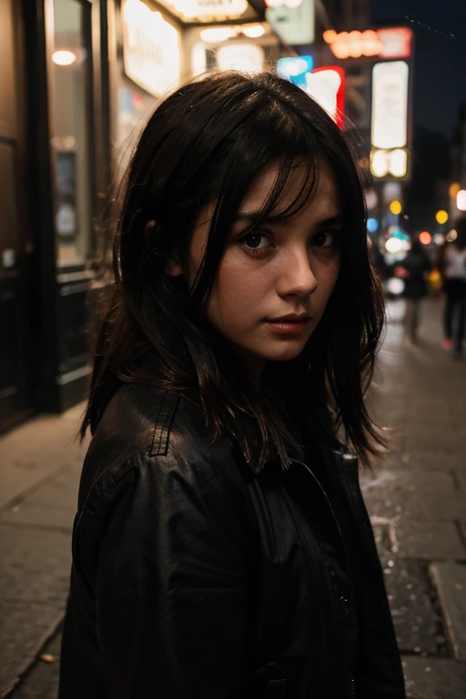 dark-haired girl on the street at poorly lit night