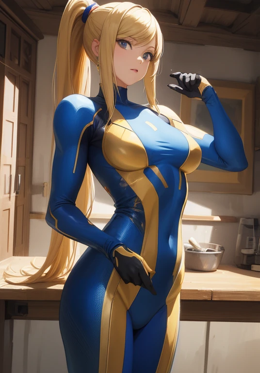 (anime,masterpiece, top quality, best quality,beautiful and aesthetic:1.2,professional illustrasion:1.1,ultra detail:1.3, official art, professional illustrasion, Ultra-detailed depiction, Ultra-precise depiction, extremely detailed 8k illustration, highres, ultra detailed painting, soft shadows), (girl), samus aran \(cosplay\), cool beauty, milf, glossy, (golden long hair), (ponytail), big breasts, perfect body, pubic hair, blue samus aran suit,