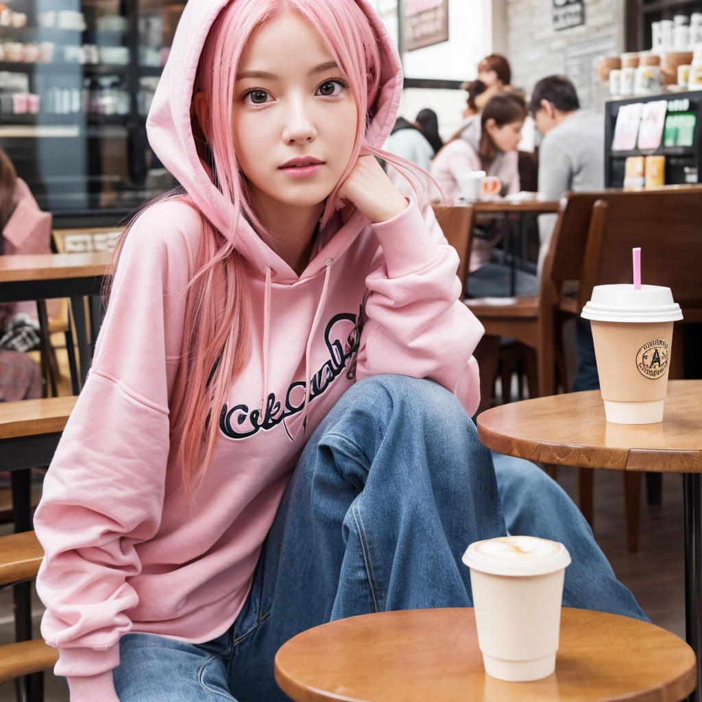 (realistic、High resolution:1.3)、Just one girl with a perfect figure、super thin face and eyes、pink hair、hoodie:1 in random color.2、short jeans、at the cafe、coffee on the table、