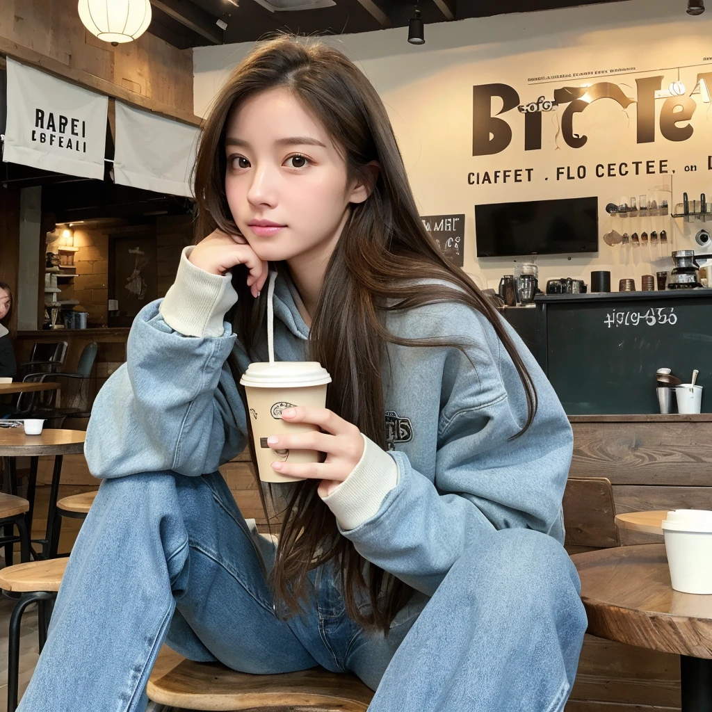 (realistic、High resolution:1.3)、Just one girl with a perfect figure、super thin face and eyes、long hair、hoodie:1 in random color.2、short jeans、at the cafe、coffee on the table、