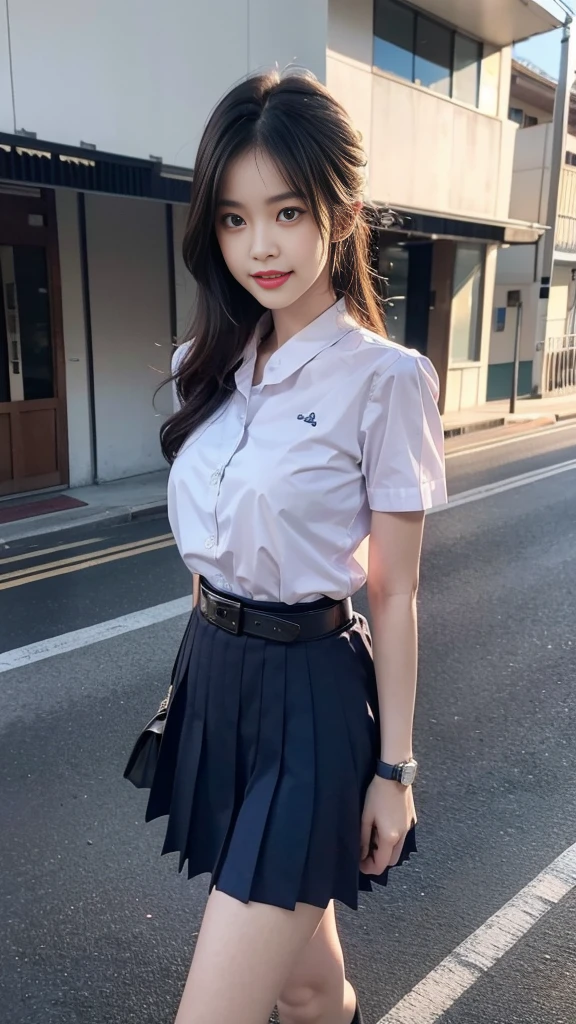 highest resolution, 8K, high definition, (((ผมlong))), Thai Students, Half Thai, half Japanese, half Korean., Age 18-25 years, Height 173 centimeters, (((stand, walk))), Beautiful face, แต่งBeautiful face, Double eyelids, red lips, smile at the corner of the mouth, beautiful eyes, Beautiful Woman, The texture is realistic., ((Slim white short-sleeved shirt, collar shirt)), ปักnameด้วยตัวหนังสือสีน้ำเงินที่หน้าอกเสื้อด้านขวา, name"Phonpitak Apiwatpaisansakul", School logo on the left chest of the shirt., ((big pleated skirt, dark blue, long, Close your legs completely.)), ((Navy blue skirt, พร้อมbeltผู้หญิง)), ((Huge breasts, Breast augmentation)), ((Symmetrical shape, sexy figure)), ((Thin, slim, small waist)), ((Black elementary school student shoes, Put on a watch, belt)), (((full body, Look at every part of the body.))), background, balcony in front of building, building, buildingเรียน