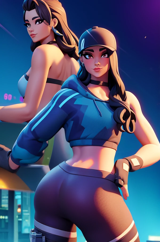 Runy from fortnite, 1girl, solo, long hair, looking at viewer, smile, breasts, city background, butt, bare shoulders, tight shirt, closed mouth, portrait, sweatshirt, skin tight pants, sports pants, seductive, realistic, best quality, masterpiece, ultra detail, ultra high res, extreme detail, 8k, uhd