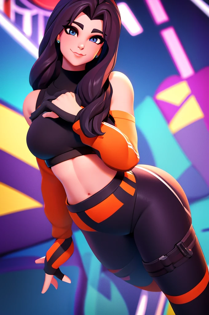 Runy from fortnite, 1girl, solo, long hair, looking at viewer, smile, breasts, city background, butt, bare shoulders, tight shirt, closed mouth, portrait, sweatshirt, skin tight pants, sports pants, seductive, realistic, best quality, masterpiece, ultra detail, ultra high res, extreme detail, 8k, uhd