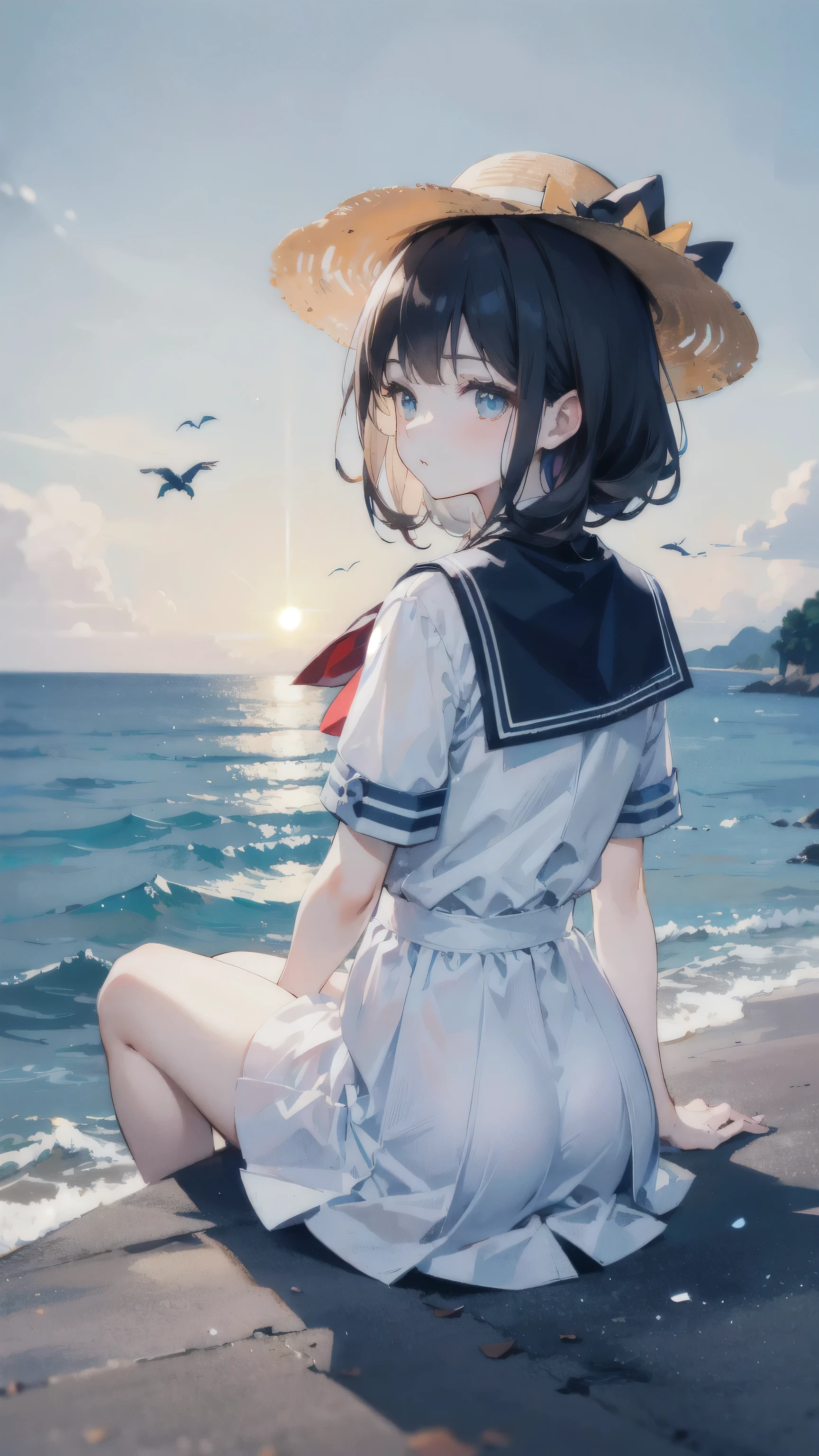 (Film portrait photoy,photo,Beautiful two-dimensional wallpapers)(Soft professional lighting,35mm film,Photograph distant scenery:1.3)( cute loli back vw:1.6,In sailor suit,small red lips:1.4,Wearing a bow tie and sun hat:1.4,French bangs:1.4,Cute curly hair:1.2,Sitting high on the shore:1.6)(A group of flying swallows:1.5,white clouds and blue sky:1.3,The picture is very neat :1.5)