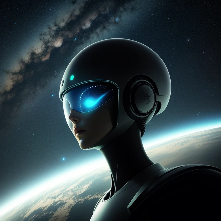 An otherworldly scene unfolds as a stunningly beautiful alien figure emerges from a UFO, its ethereal skin shimmering in the unrealistic, surreal glow of the spacecraft's landing lights. With elongated limbs and large, expressive eyes, the alien gazes down at the earth below, its curiosity piqued by this new and unfamiliar world. The UFO hovers quietly in the background, its metallic surface reflecting the stars and galaxies beyond, as the alien continues to explore this new terrain, its presence a mesmerizing blend of wonder and mystery.